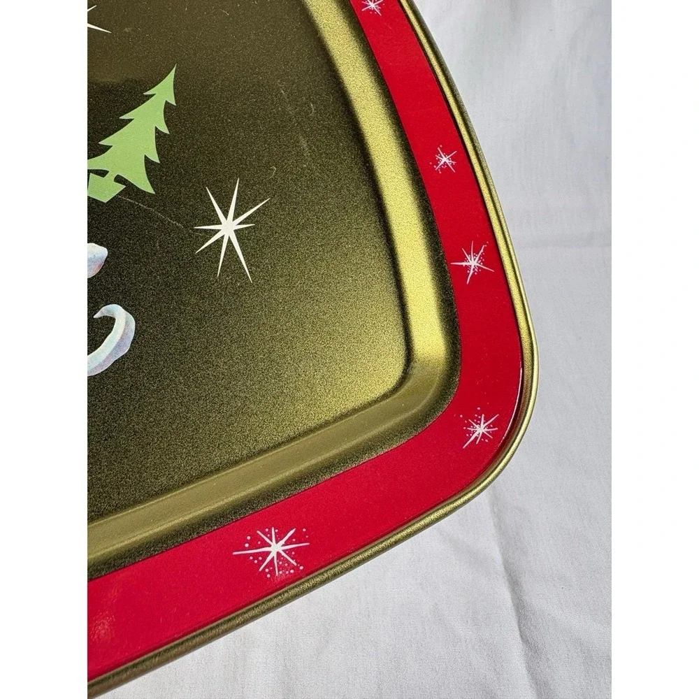 VTG Santa Tray Christmas Atomic Stars Holiday Metal Decorative Gold Retro 11x14